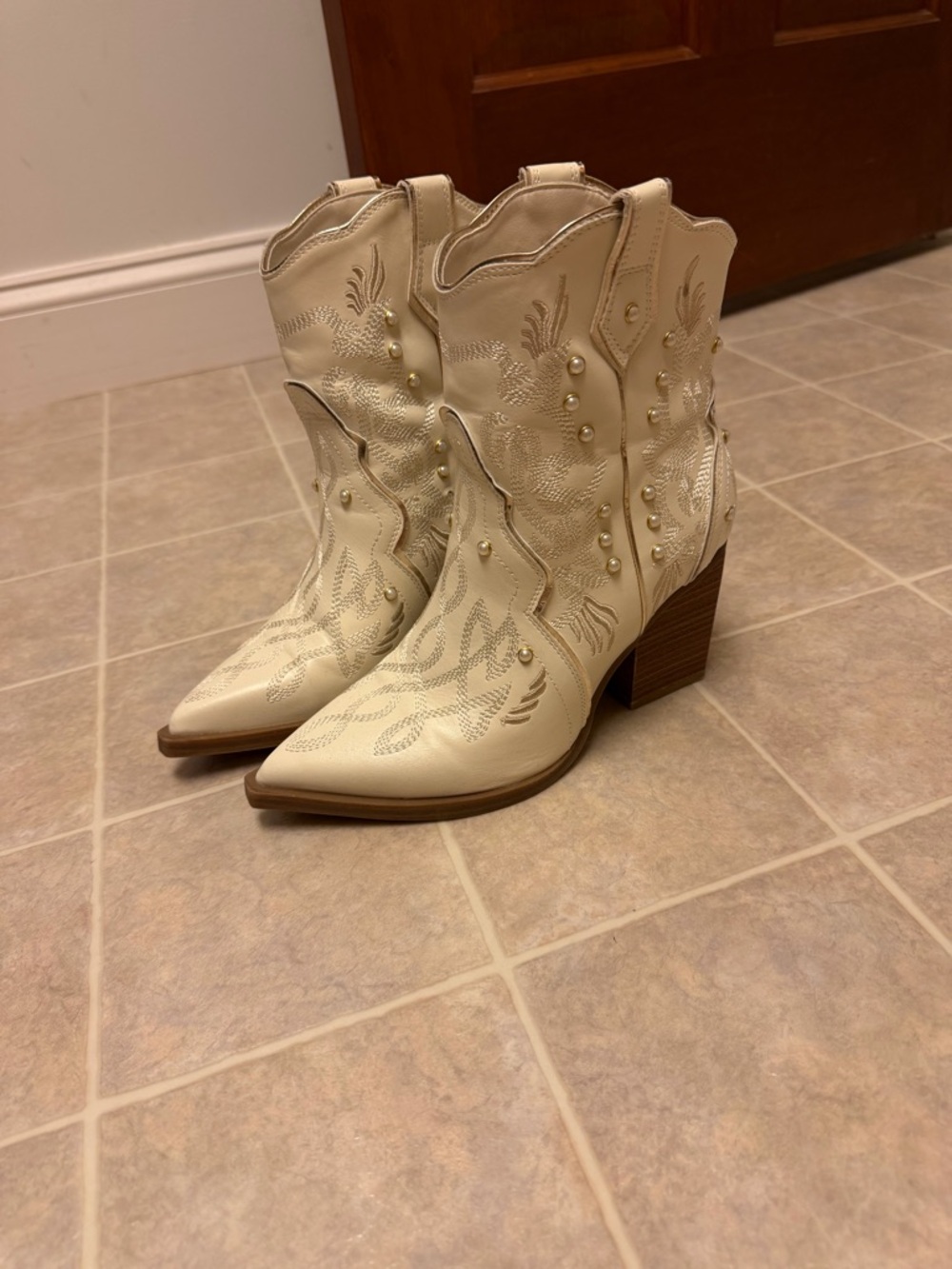 Embroidered Cream Western Ankle Boots with Stud Detail